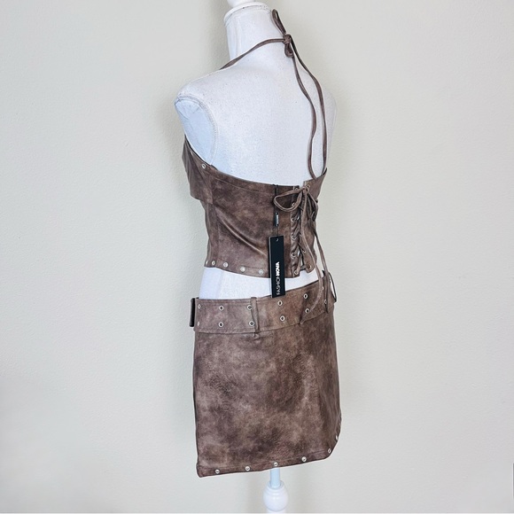 NWT Brown Leather Halter Hook N Eye Crop Top & Belted Eyelet Skort Skirt Set - Picture 3 of 15